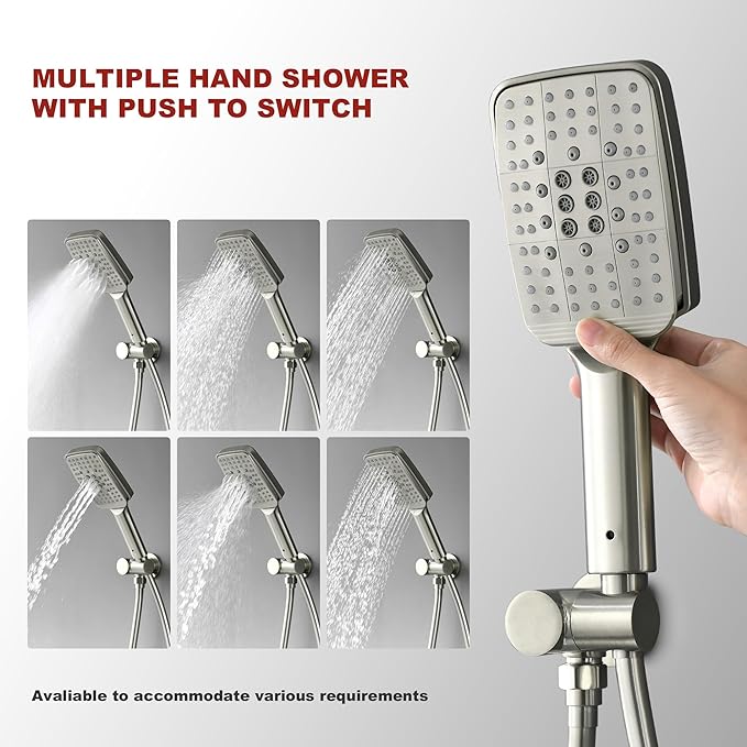 Shower Faucet Set - 12 inches Rain Shower System with 6 Function Handheld Shower Head Rough in Pressure Balance Valve Kit - Stainless Steel Bathroom Shower Kit Complete Brushed Nickel