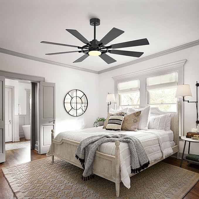 80" Ceiling Fan with Lights and Remote Control, Wood 8 Blades 6-Speed Noiseless Reversible DC Motor, 3 Downrods, Modern Large Indoor/Outdoor Ceiling fan for Patio Bedroom Dining Living Room, Black