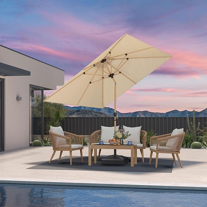 PURPLE LEAF 8' x 8' Square Patio Umbrella Market Umbrella Aluminum Outdoor Table Umbrella with Push Button Tilt & 8 Sturdy Ribs and Crank Square Outdoor Umbrellas for Pool Backyard Deck, Beige