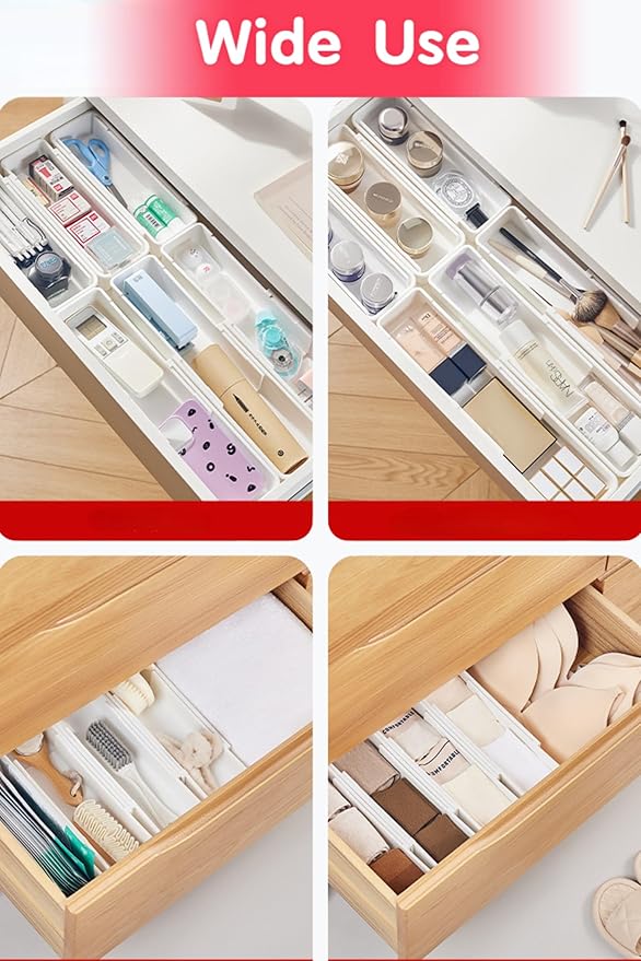 Drawer Organizers Set,Expandable Drawer Organizer Trays,Drawer Organizer Bins for Bedroom,Bathroom, Kitchen, Office (White,4pack)