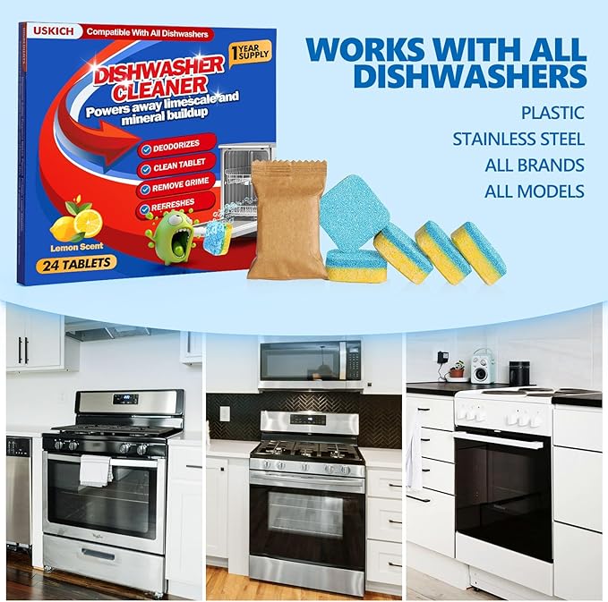 Dishwasher Cleaner And Deodorizer Tablets 24 Pack,Deep Cleaning Descaler Pods for Dish Washer,Lemon Scented Dish Washer Machine Tablets for Limescale,Mineral Buildup, Odor,Septic Safe- 1 Year Supply
