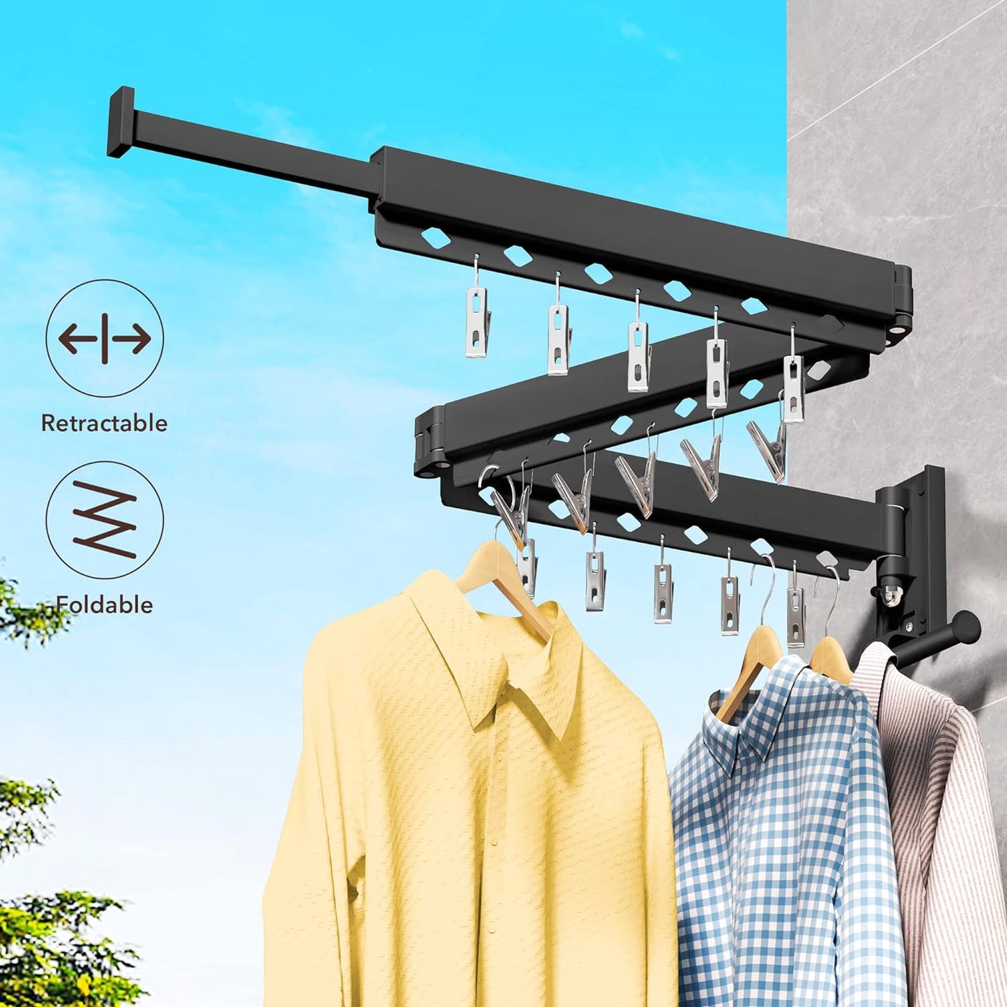 Wall Mounted Clothes Hanger, Aluminum Clothes Drying Rack, Space Saver, Retractable, Windproof Holes, with Clips