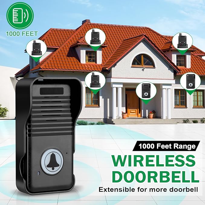 Wireless Doorbell, Waterproof Full Duplex Doorbell Wireless Upgrade, 1000ft Range, Door Bell Two Way Communication, 8 Volume Levels, 4 Chime Wireless Doorbells for Home House Business (1Pack Black)