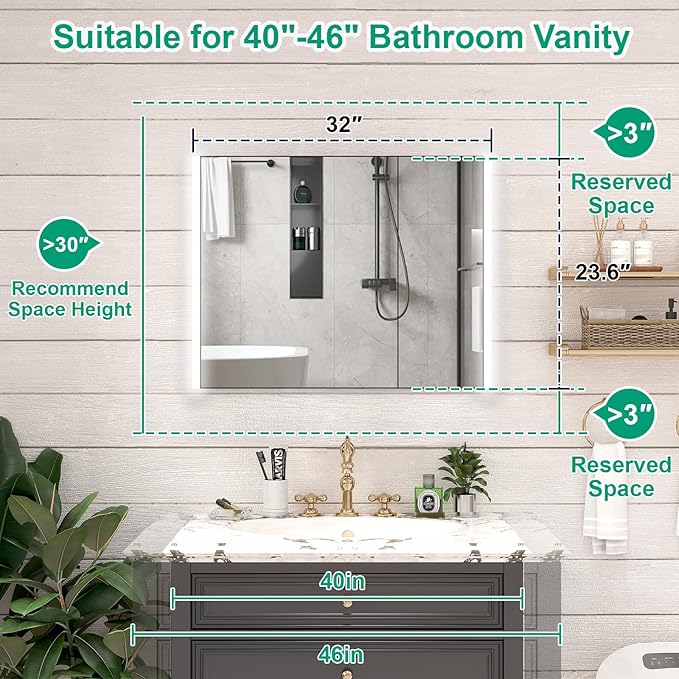 32x24 Inch Medicine Cabinet with LED Light Mirror, Brightneess Adjustable and Full-Assembled Bathroom Aluminum Cabinet with Storage, Surface or Recessed Tempered Cabinet, Farmhouse Black