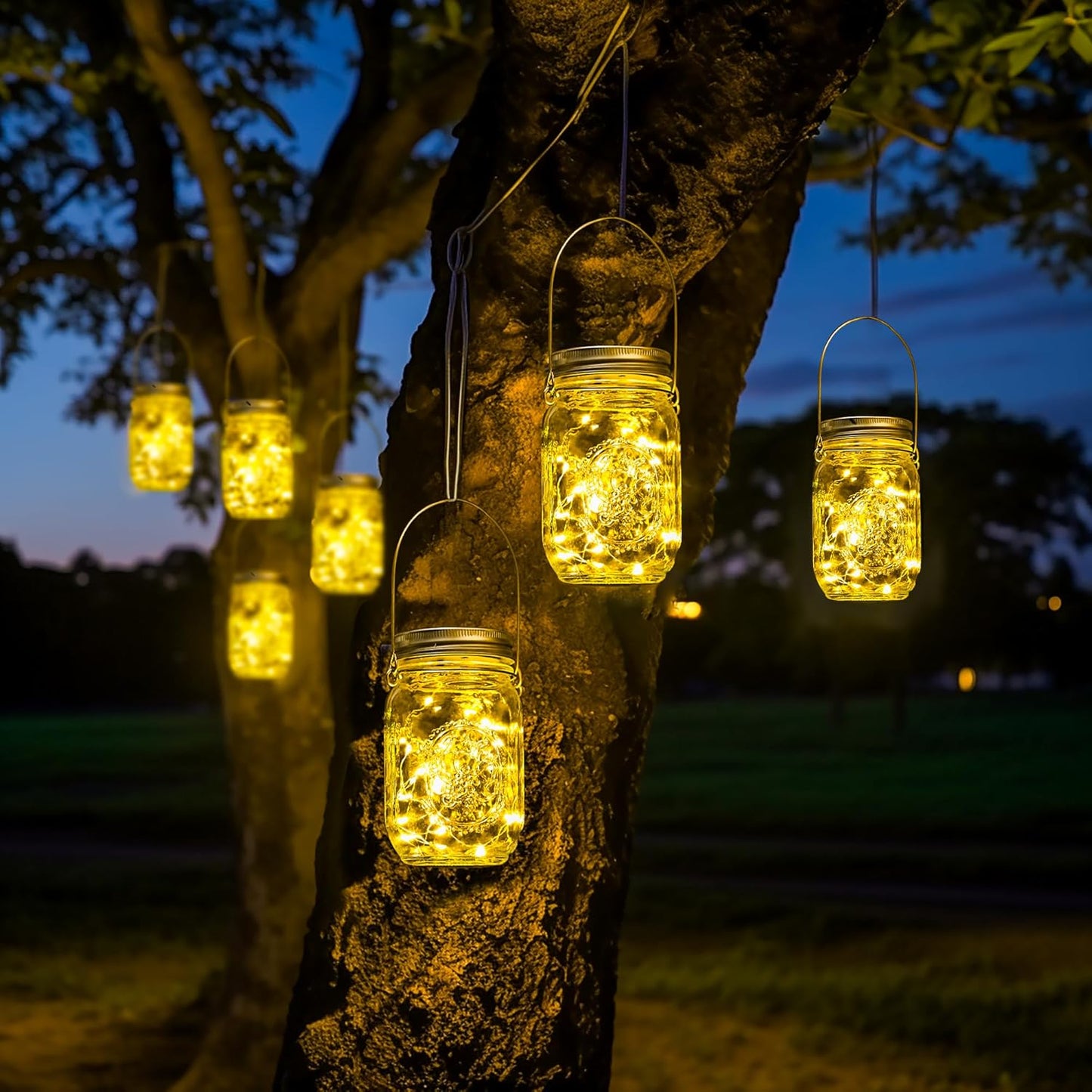 GIGALUMI Hanging Mason Jar Solar Lights, 6 Pack 30 Led Tinplate Lids Hanging Solar Lanterns Outdoor Waterproof, Hangers and Jars Included, Outdoor Decor for Balcony, Garden, Patio, Yard, Wedding