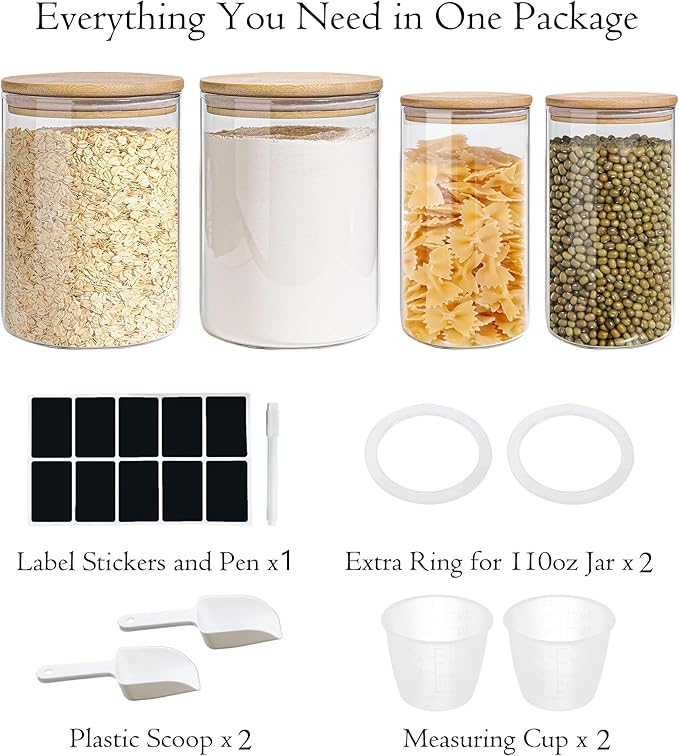 Glass Storage Jars Set Elegant Containers with Airtight Bamboo Lids, Perfect for Kitchen Organization - Flour, Rice, Pasta, Sugar, Coffee Beans (2 packs(37oz) / 2 packs(111oz))