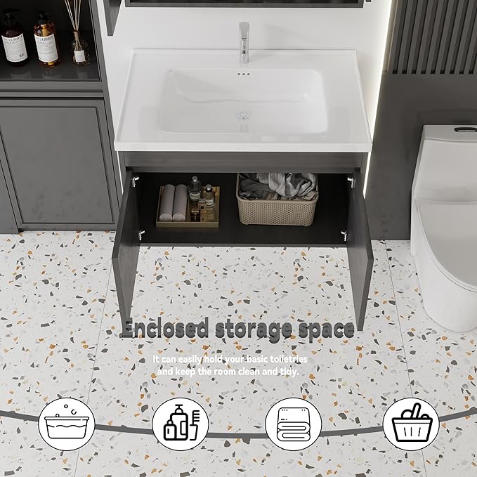 32'' Bathroom Vanity with Ceramic Sink Combo, Wall Mounted Small Bathroom Vanity with Soft-Close Door Modern Floating Cabinet, Pop-up Drain, P-Trap Included, GreyWalnut(No Faucet)