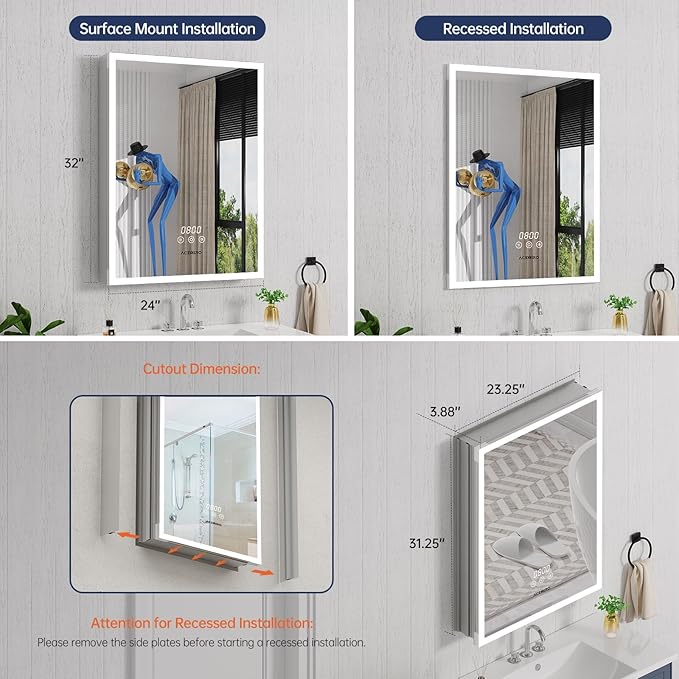 Medicine Cabinet With Lights, 2432 Inch Surface or Recessed, Mirror, 3 Color Dimmable, Defogger, Clock & Temp, Outlet & USB, Door Left Open
