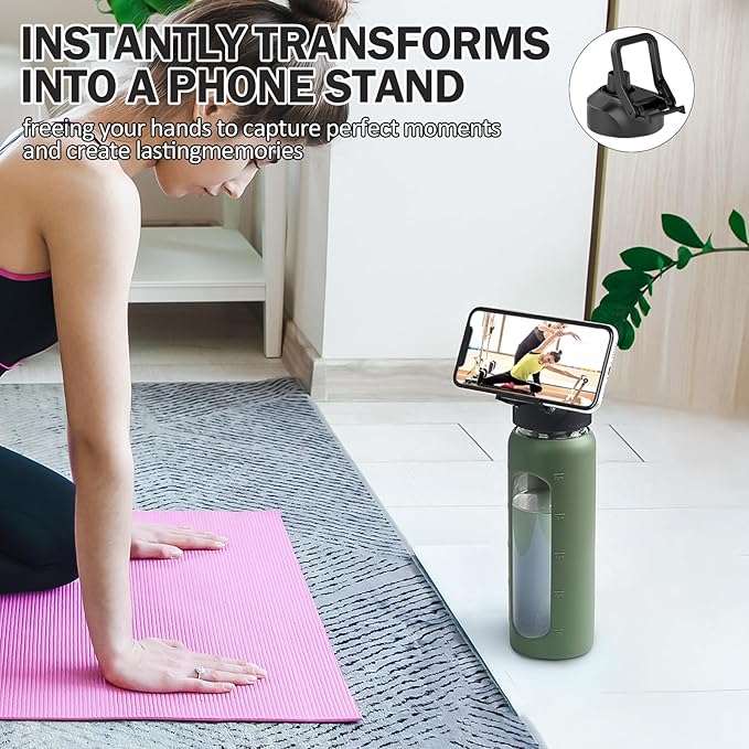 Glass Water Bottles with Straw -24oz- Water Bottle Phone Holder for Gym Sports Water Bottles with Silicone Sleeve Glass Drinking Bottles 2 Lids - Spout & Bamboo Straw Lid(Olive)