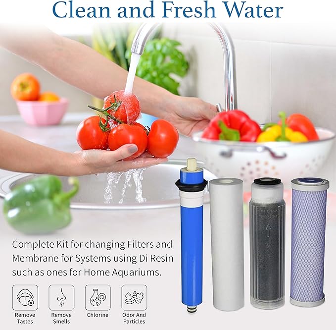 Reverse Osmosis Deionization (RODI) 10" Replacement Filter Kit (Sediment Cartridge, Carbon Cartridge, Color Indicating DI Cartridge Filled with MBD-30 Nuclear Grade Resin and 100 GPD membrane) by CFS