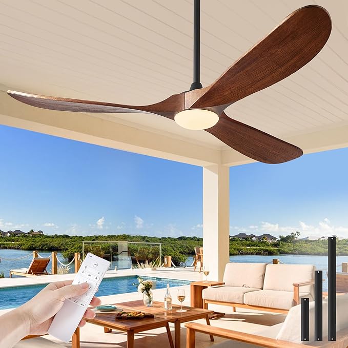 Ceiling Fans with Lights, 60 Inch Solid Wood Propeller Ceiling Fans with Lights and Remote Control Outdoor Ceiling Fan for Patios Indoor Living Room 3 Blades, DC Motor ETL Listed, Dark Walnut