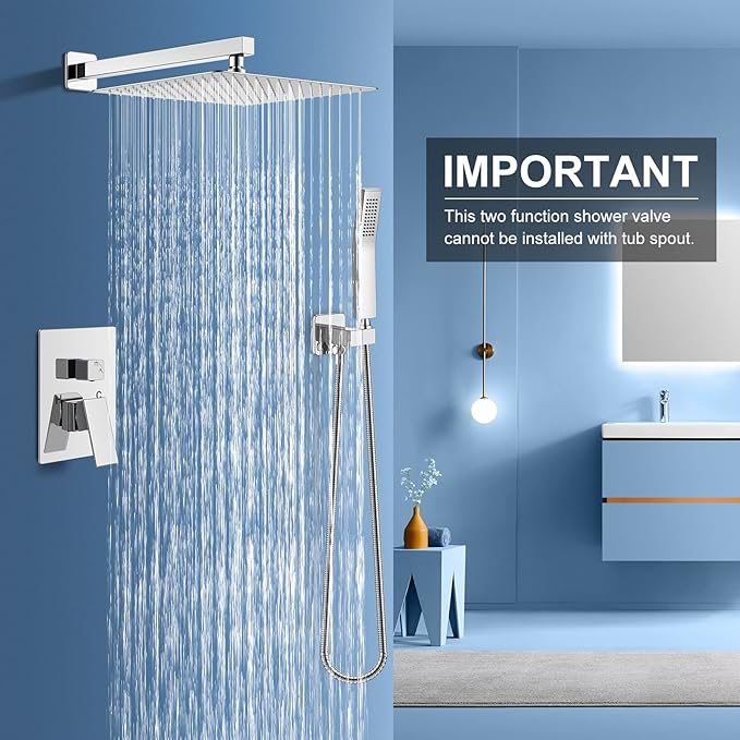 NERDON Shower System, 12 Inch Polish Chrome Luxury Rain Shower Head with Handheld Combo Set, Wall Mounted High Pressure Dual Shower Head System, Bathroom Shower Faucet set with Valve Body and Trim