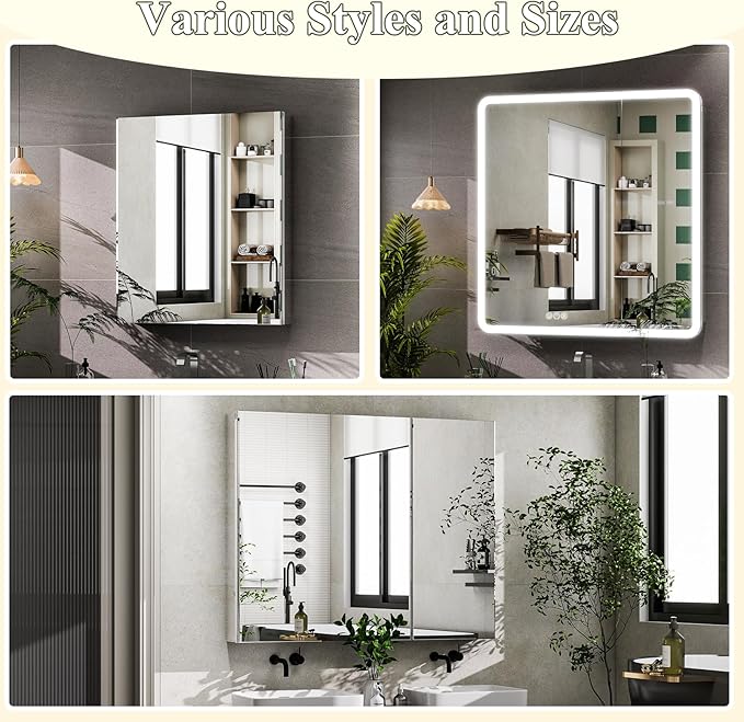 LED Bathroom Medicine Cabinet with Mirror, 24 Inch x 32 Inch Bathroom Mirror Cabinet with Door & Adjustable Shelves, Surface Mount or Recess Installation