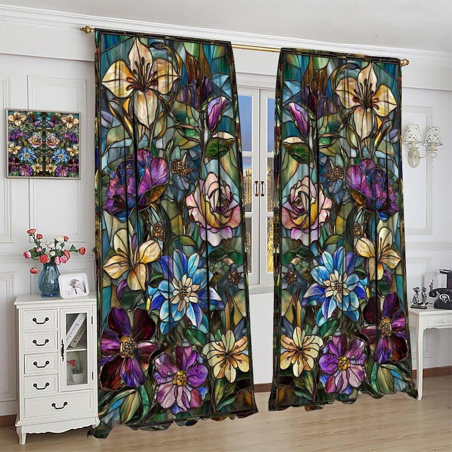 Stained Glass Curtains,Retro Colored Glass Flowers Art Home Decor Drapes for Bedroom Living Room Kitchen Window Treatment 2 Panels Set Total Size 72" W X 63" L Inch