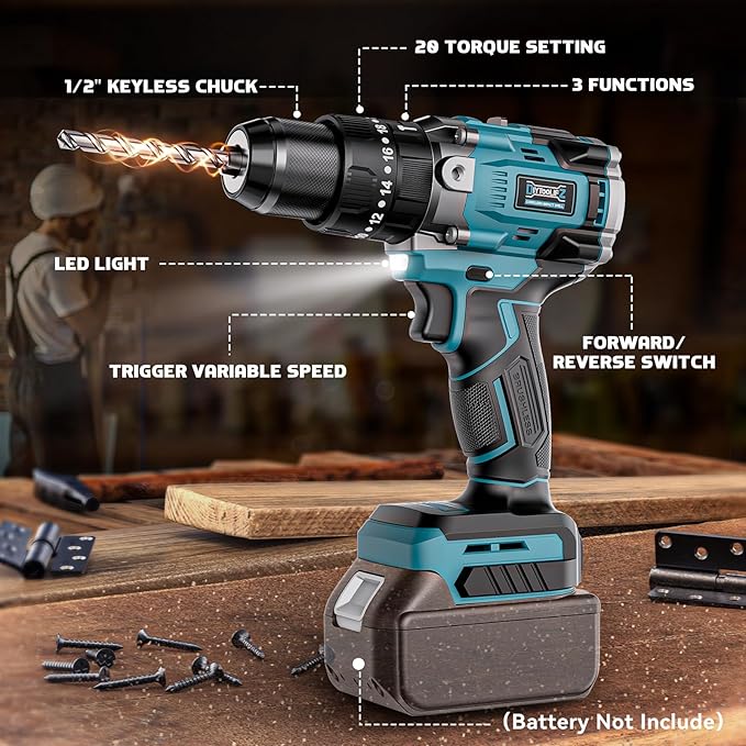 Cordless Power Drill Compatible with Makita 18v Battery: 3 Modes Electric Power Drill Kit Tool,1/2 Inch Keyless Chuck Cordless Impact Drills Set,Variable Speed for Home,Garden(No Battery)