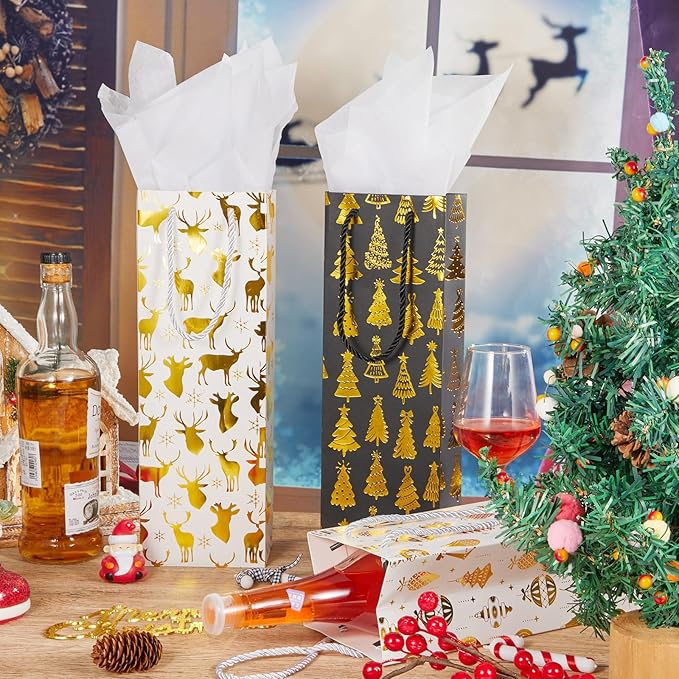 Harloon 32 Pack Christmas Wine Gift Bags Bulk Holiday Wine Bottle Bags with Handles Tissue Paper Metallic Foil Champagne Gift Bags with 4 Designs for Winter Wine Gift Banquet Birthday (Black, Gold)