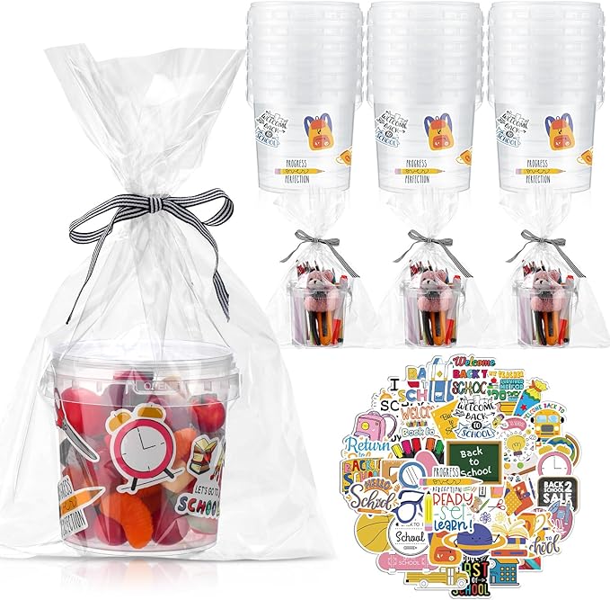 PerKoop 20 Pcs 32 oz Ice Cream Buckets with Lids and Handles Cocktail Rum Buckets for Drinks with 180 Back to School Stickers Clear Plastic Bucket Reusable Food Storage Containers for Parties