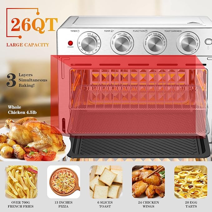 Geek Chef Air Fryer Oven 26 QT, Big Air Fryer, Toast Oven with Bake, Roast, Pizza, Convection Oven, Easy to Use & Clean, 6 Slice Toast, Stainless Steel