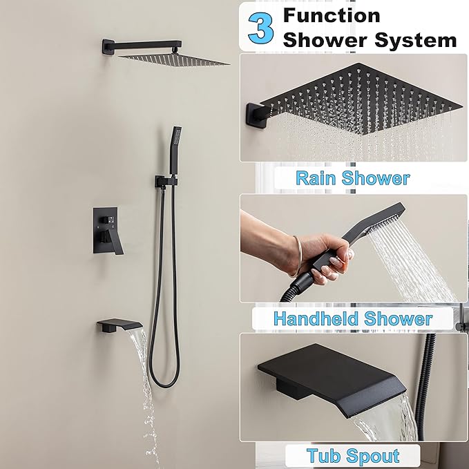 Shower System with Tub Spout, Shower Faucet Set with 12 Inch Rain Showerhead Handheld Shower and Tub Spout, Wall Mounted High-Pressure Showerhead Combo Set Included Valve and Trim, Matte Black