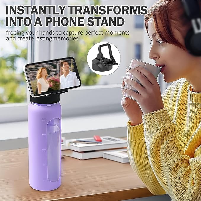 Glass Water Bottles with Straw -32oz- Water Bottle Phone Holder for Gym Large Motivational Water Bottle with Time Marker Glass Drinking Bottles 2 Lids - Spout & Bamboo Straw Lid(Purple)