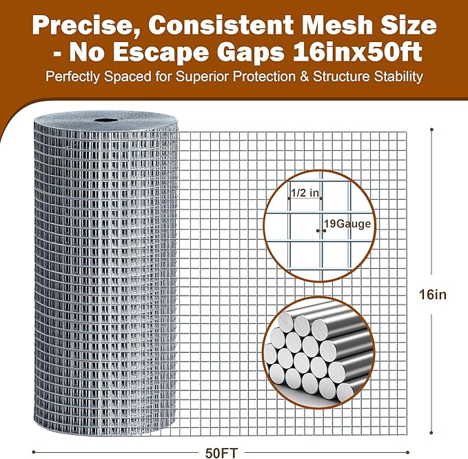 Chicken Wire Fencing Hardware Cloth 1/2 inch 19 Gauge Rust-Resistant Mesh Roll with Snips/Gloves for Chicken Coop/Vegetable/Garden/Plants/Poultry Enclosures/Tree/Gutter Guards 16 inch x 50 ft