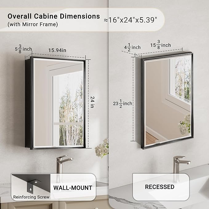 Black Medicine Cabinet Mirror, 16''x 24'' Surface or Recessed Aluminum Framed Medicine Cabinet with Beveled Mirror, Full-Assembled, Adjustable Shelves,Reversible Bathroom Mirror with Storage