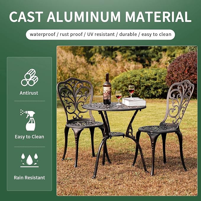 Outdoor Bistro Set 3 Piece Patio Bistro Set with Umbrella Hole, Weather Resistant Bistro Table and Chairs Set of 2 for Porch Garden, Bronze