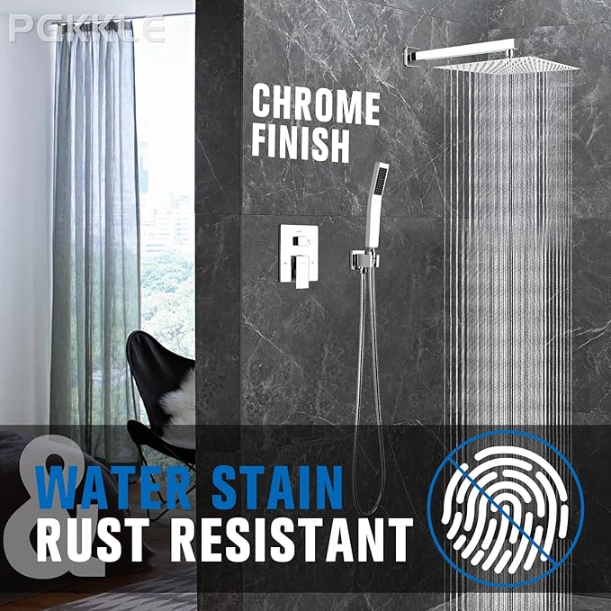 10 Inch Rainfall Shower System - Wall Mounted Complete Combo with Solid Brass Pressure Balancing Valve, High Pressure Shower Head, Handle Set & Installation Accessories Chrome