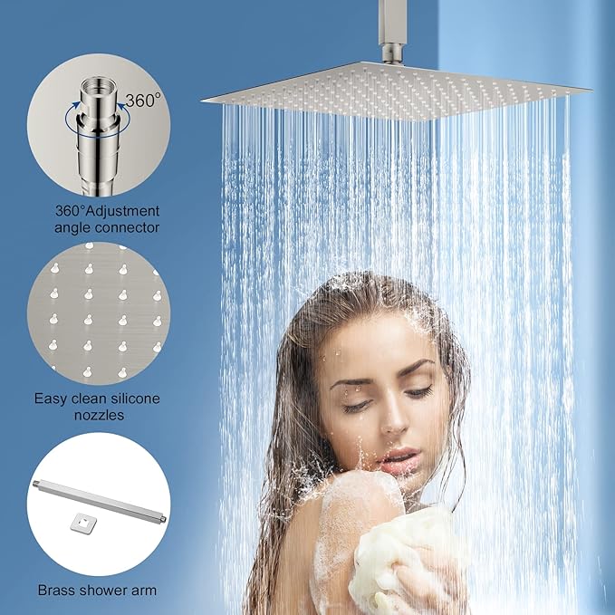 NERDON Shower System, 12 Inch Brushed Nickel High Pressure Shower Head with Rain Handheld Combo Set, Ceiling Mounted Dual Shower Head System, Bathroom Shower Faucet Set Rough-in Valve Body and Trim