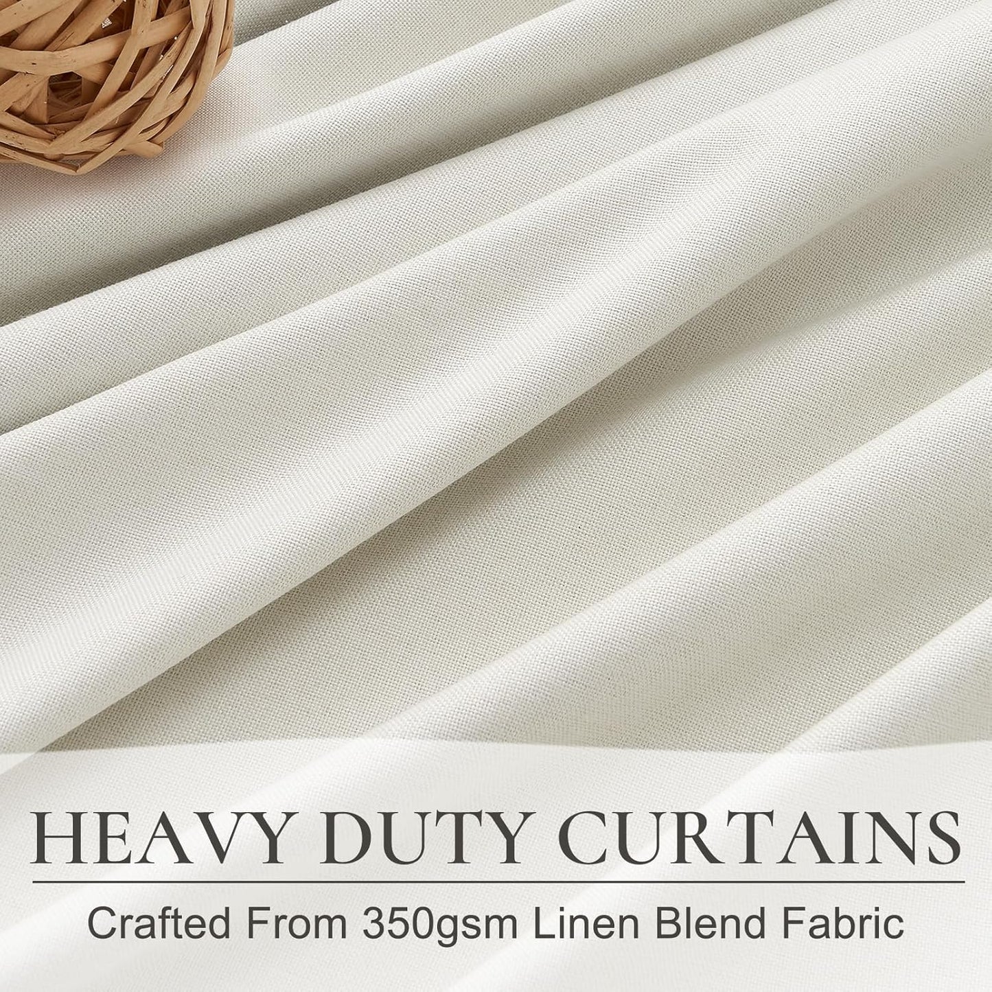 Beige White Pleated Room Darkening 100 Inch Curtains for Living Room, Neutral Thick Linen Blend Curtain Blackout Thermal Window Drapes with Hooks&Rings for Ceiling Track 40" Wx100 L 2 Panels