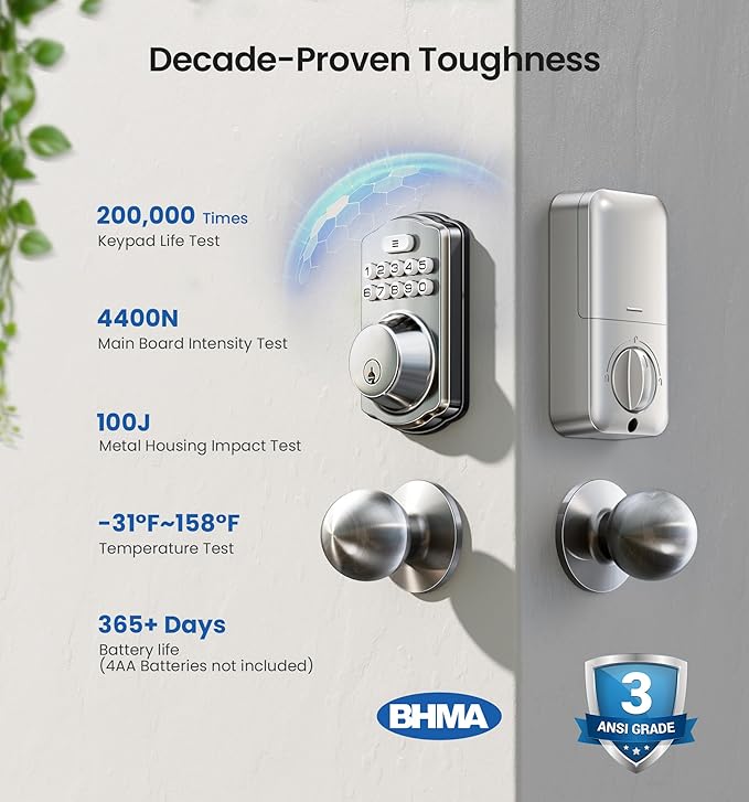Veise Keyless Entry Door Lock with 2 Knobs, Electronic Backlit Keypad Deadbolt with Handle Set, Auto Lock, One-time Codes, Smart Deadbolt for Front Door, Easy Installation, Satin Nickel