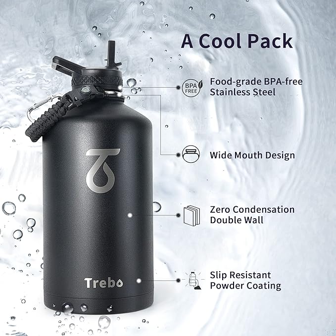 Trebo One Gallon Water Bottle Insulated with Paracord Handle,128oz Food-grade Double Wall Vacuum Stainless Steel Insulated Jug with Straw Spout Handle Lids, Leakproof Keep Cold & Hot,Black