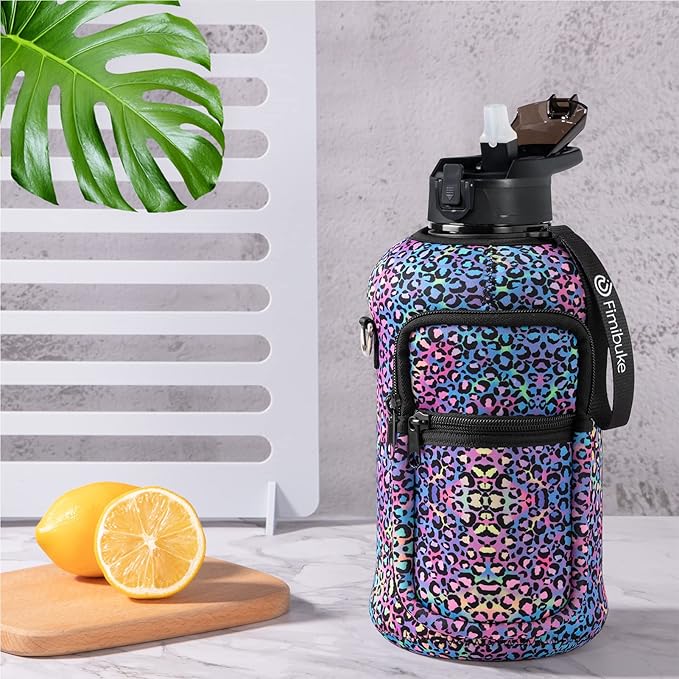 Fimibuke Half Gallon Water Bottle with Sleeve 64 OZ Water Bottle with Handle & Straw Leakproof Motivational Sports Gym Water Bottle with Time Marker BPA Free Water Jug with Reusable Neoprene Holder