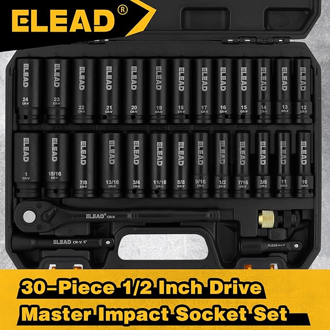 ELEAD 1/2" Drive Deep Impact Socket Set: 30-Piece Standard SAE (3/8 to 1 Inch) and Metric (10-24mm) Size, 3" and 5" Drive Extension Bar, Ratchet Handle, Bit Adapter, CR-V Steel for Auto Repair