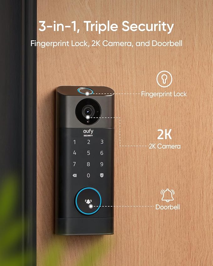 eufy Security Video Smart Lock S330, 3-in-1 Camera+Doorbell+Fingerprint Keyless Entry Door Lock, Smart Wi-Fi Deadbolt for Front Door, App Remote Control, SD Card Required, Chime Included