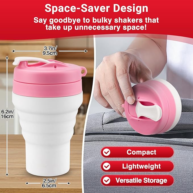 Protein Shaker Bottle Pink Collapsible - Food-Grade, Leakproof Lid 600mL 20oz Pink Shaker - Reusable Silicone Shaker Cups for Protein Shakes