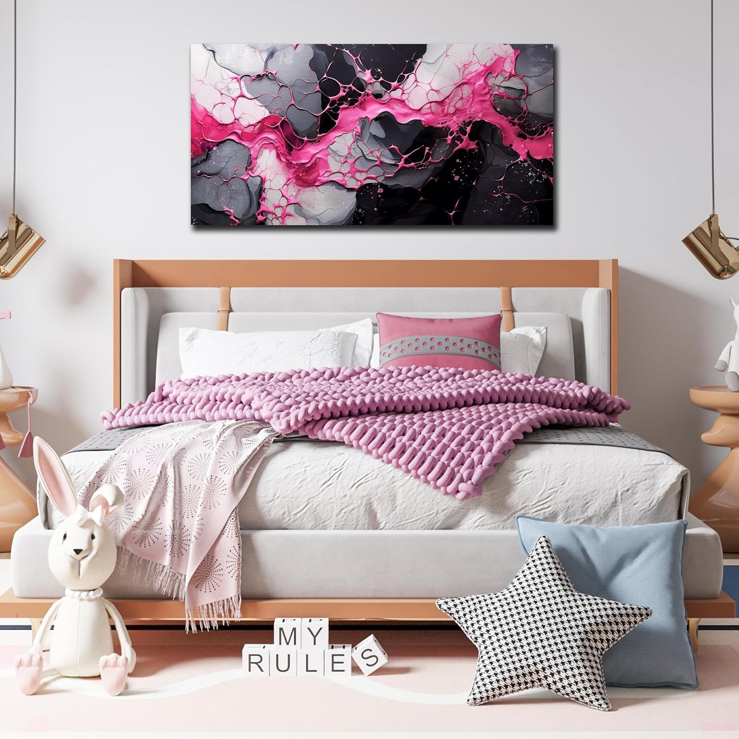 GUGIKA Pink Wall Art for Living Room, Abstract Canvas Wall Decor for Bedroom Decor, Modern Print Paintings, Size 24x48 Inches