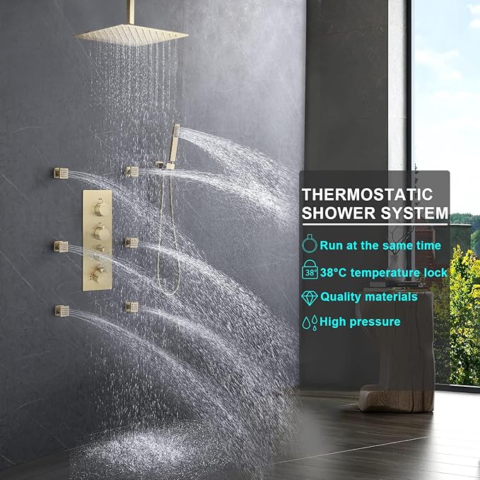 Enga Luxury Brushed Gold Shower System, 16 Inch Rain Shower Head with Body Spray Thermostatic Shower Faucet Set, Can Use All Functions At a Time (Volume Adjustable)