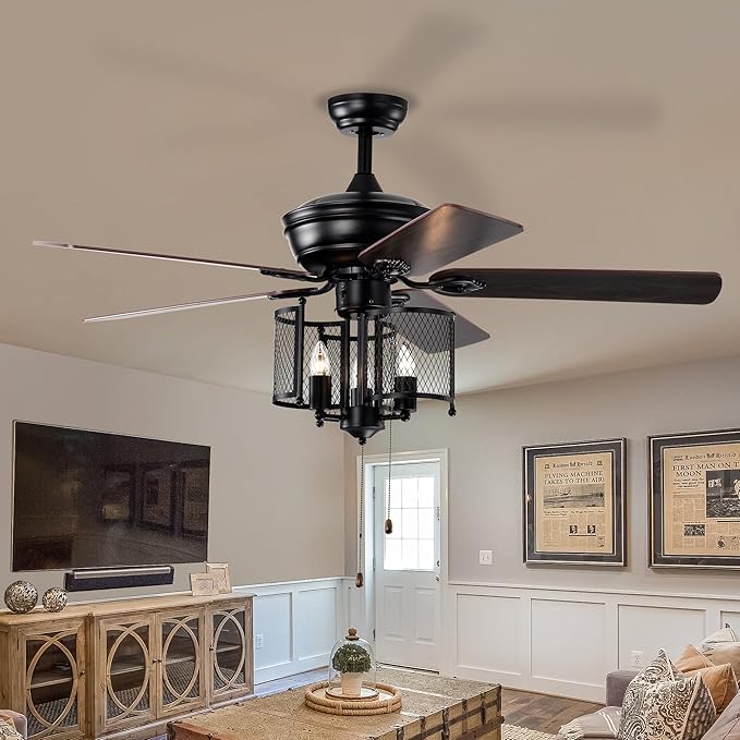 NicBex Ceiling Fan 52 Inch Ceiling Fan with Lights Vintage Ceiling Fans with 5 Blades Ceiling Fan with Lamp Shade and Hand Pull Chain for Bedroom, Living Room, Matte Black