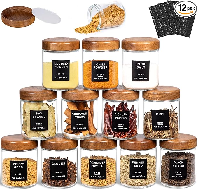 Yangbaga 12Pcs Glass Spice Jars with Labels-8oz Acacia Wood Lid Square Spice Containers,Seasoning Jars for Rack Cabinet Drawer,KitchenPantry Daily Use