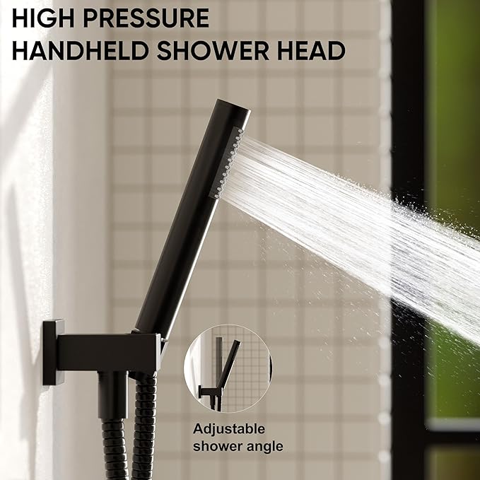 Esnbia Thermostatic Tub Shower Faucet Set, All Metal Tub System with 3 Way Valve, 10 Inch Rain Shower Head with Handheld Spray Combo,Matte Black
