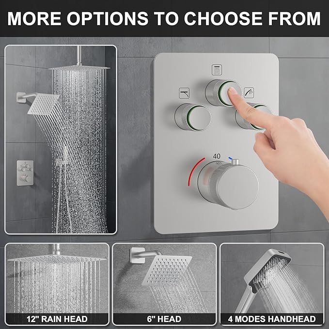 KOJOX Brushed Nickel Thermostatic Shower System, Push Button Diverter Shower Faucet Set with 12" Ceiling Mount Rain Shower, 6" Wall Mount Shower Head, and 4-in-1 Handheld Spray