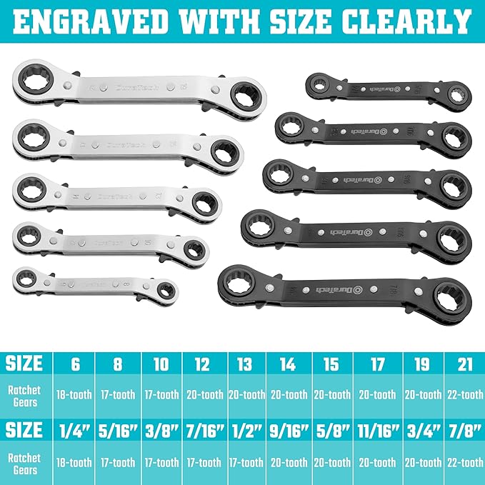 DURATECH 10-Piece Reversible Ratcheting Wrench Set, Offset Double Box End Wrench Set, SAE & Metric, with Rolling Pouch