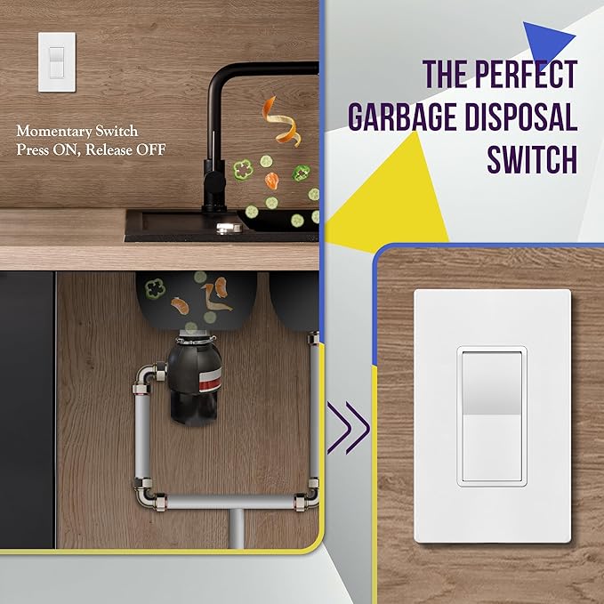 ENERLITES Momentary Contact Decorator Switch for Garbage Disposals, Garage Door Switch, Spring Release Paddle, 120-277VAC 15A, Single-Pole, UL Listed, 91245-W, White