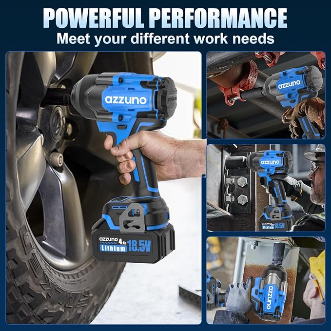 AZZUNO Impact Wrench Max 737 Ft-lbs(1000N.m) 1/2 inch Brushless High Torque Electric Impact Wrench, Powerful Cordless Impact Driver with 2x4Ah Batteries, 4 Sockets and Charger for Home Car Truck Tire