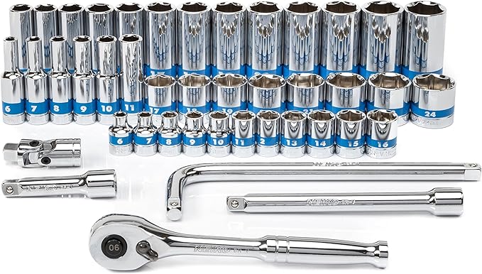 NEIKO 02512A 3/8” Drive Socket Set with Quick Release Ratchet (90 Tooth), 43 Piece Standard and Deep Metric Sizes, 6mm to 24mm, 6 Point, Universal Joint, 3/8” Extension Bars, Made with CR-V Steel