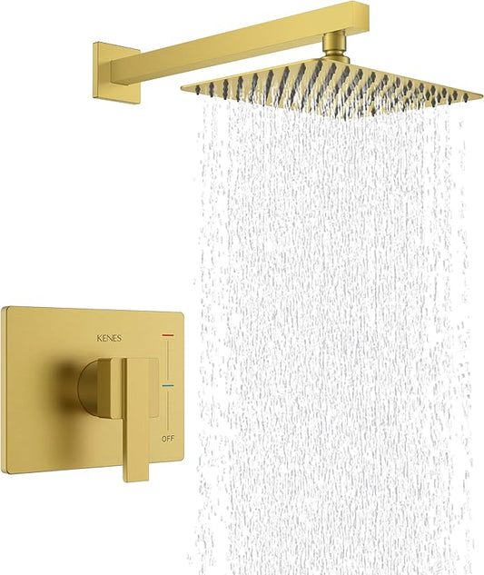 KENES Brushed Gold Shower Faucet, Modern Square Shower Trim Kit with Single-Spray Gold Shower Head, Wall Mount, KE-6024B-4 (Including Shower Valve)