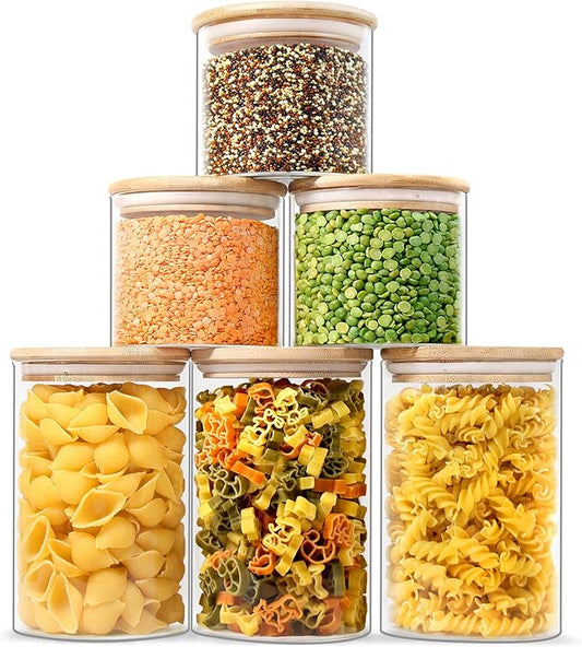 Urban Green Glass Storage Container Bamboo Lids, Glass Airtight Canisters sets, Food Jars, Pantry Organization and Storage Containers, Spice Jars, Flour Canisters of 6