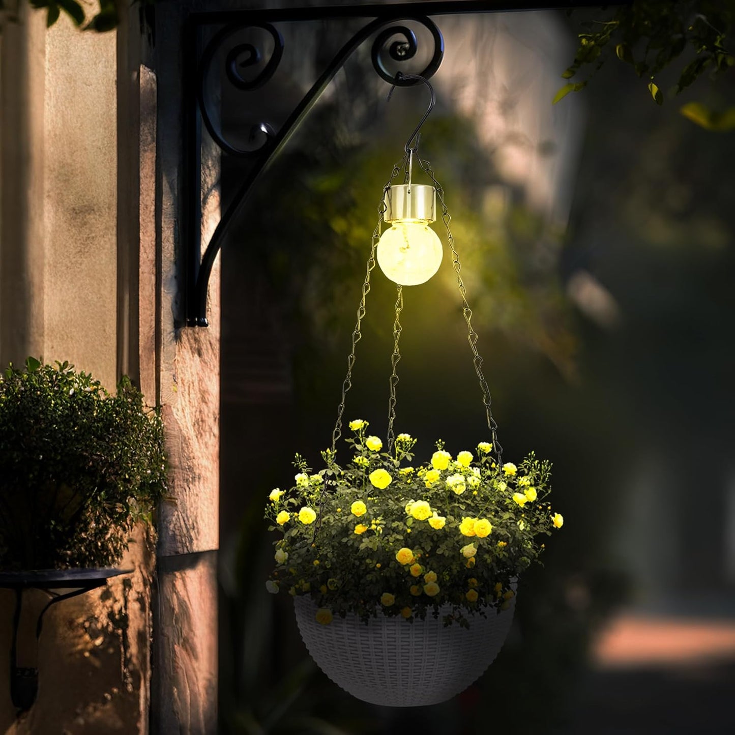 Hanging Pots for Plants Outdoor - 2 Pack White Artificial Rattan Solar Flower Baskets with Drainage Holes & Removable Tray, Garden Gifts for Women/Mothers, Porch, Balcony Decor