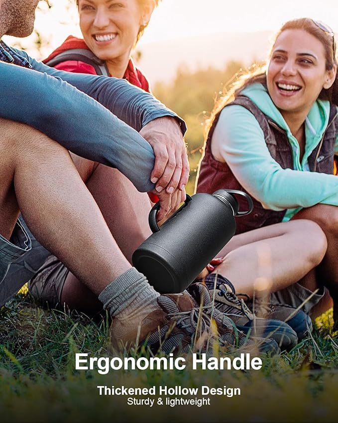 Trebo 64oz Water Bottle Insulated with Straw & 2 Lids, Half Gallon Double Wall Vacuum Stainless Steel Metal Large Jug with Handle, Wide Mouth Flask Mug with Carry Pouch, Keep Cold Hot, Black